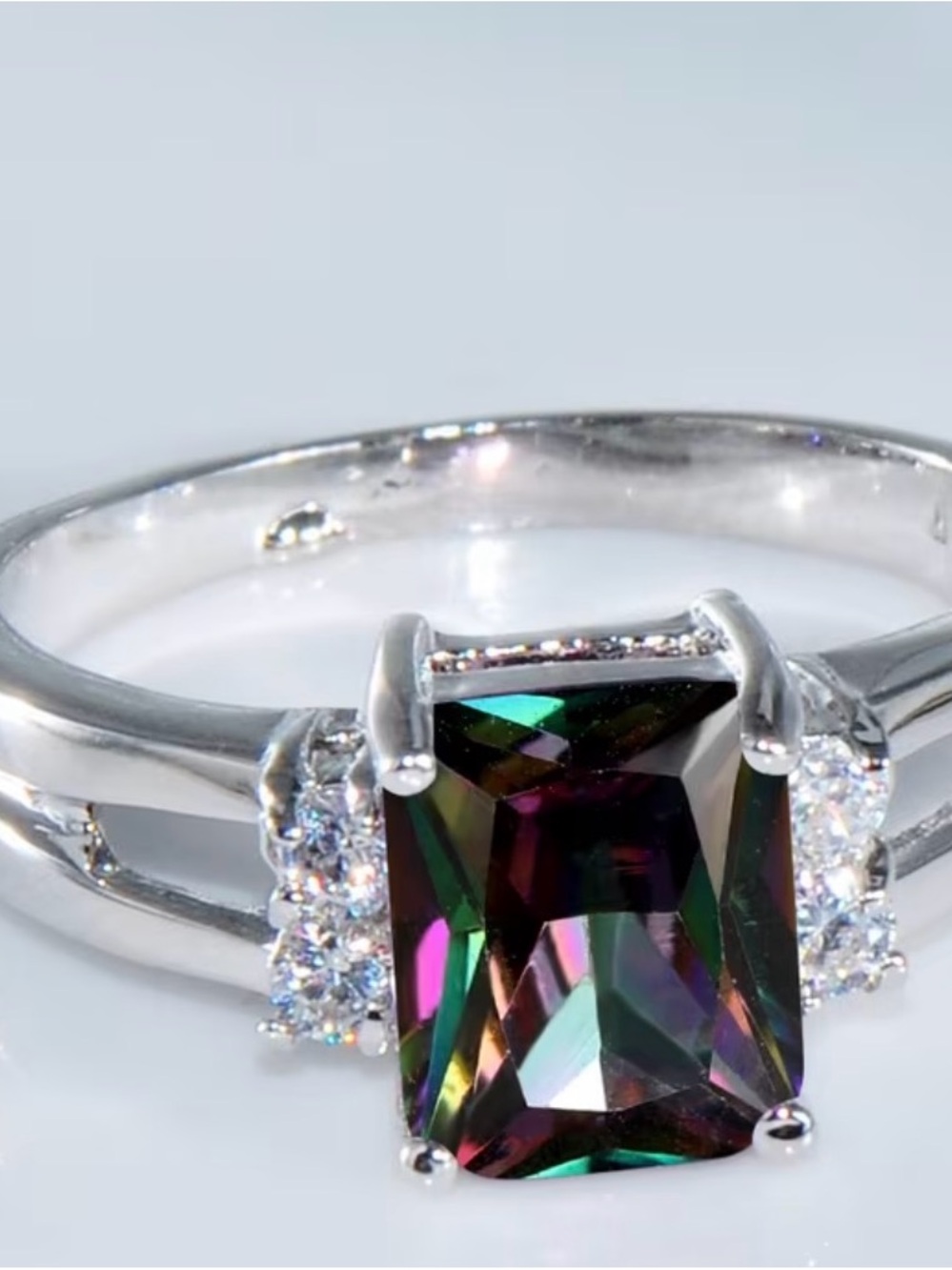 Mystic Topaz Rectangular Halo Ring - Silver Size 7